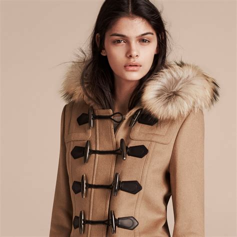 burberry fur trim duffle jacket|Burberry faux fur camel coat.